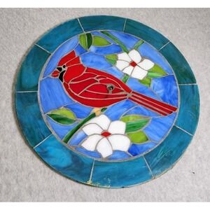Vtg‎ Handmade Stained Glass Red Cardinal 11" Round Leftover Ceramic Crock Lid